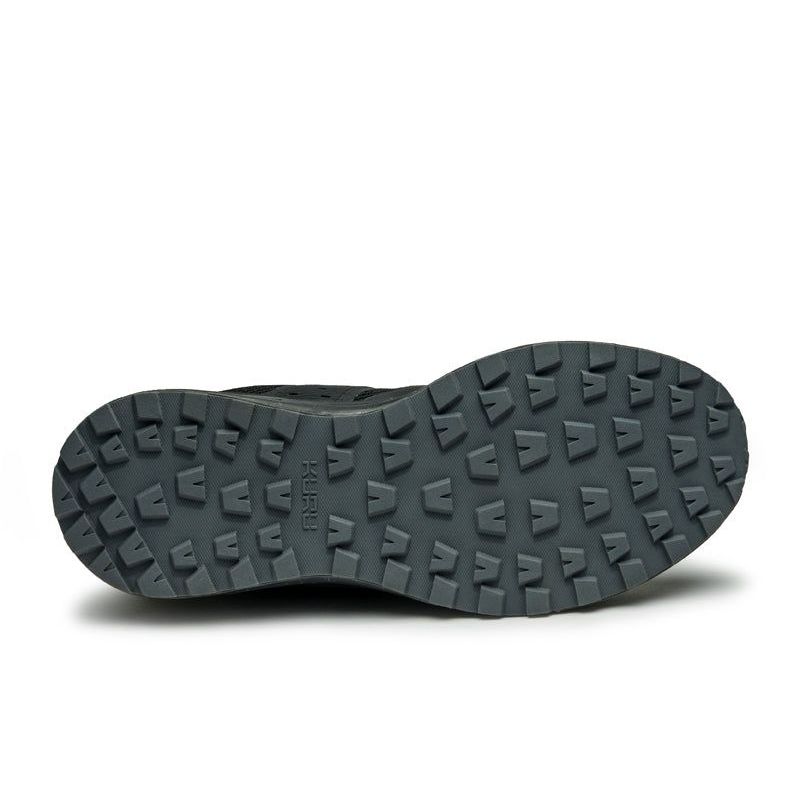 Pair of KURU ATOM Trail Men's Sneaker in Jet Black-KURU Green, angled view.