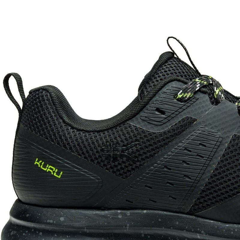 Close-up of the upper material on the KURU ATOM Trail Men's Sneaker in Jet Black-KURU Green.