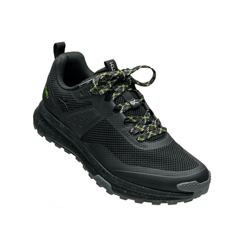 Back heel view of the KURU ATOM Trail Men's Sneaker in Jet Black-KURU Green.