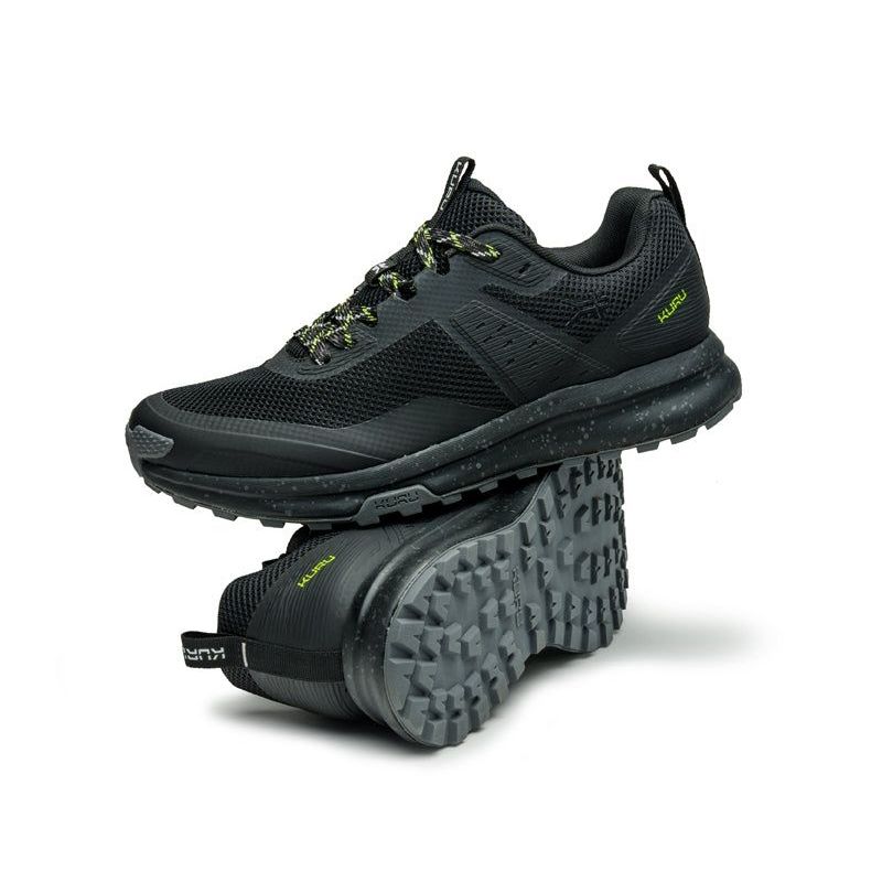 Close-up of the upper material on the KURU ATOM Trail Men's Sneaker in Jet Black-KURU Green.