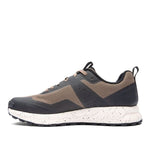 Inner side view of the KURU ATOM Trail Men's Sneaker in Rustic Taupe-Jet Black.