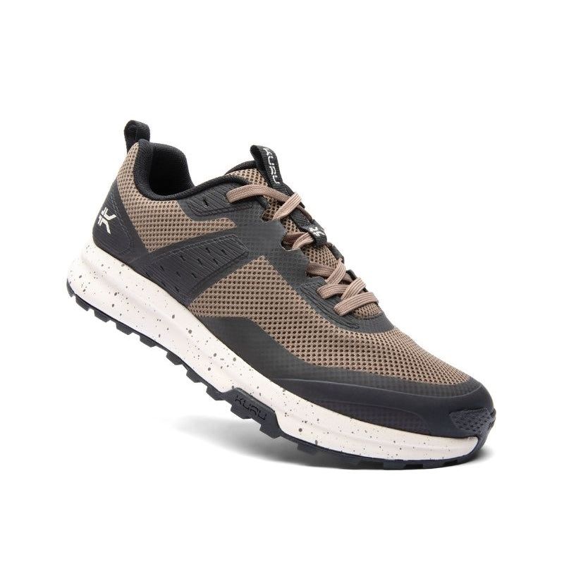 Angled profile view of the KURU ATOM Trail Men's Sneaker in Rustic Taupe-Jet Black.