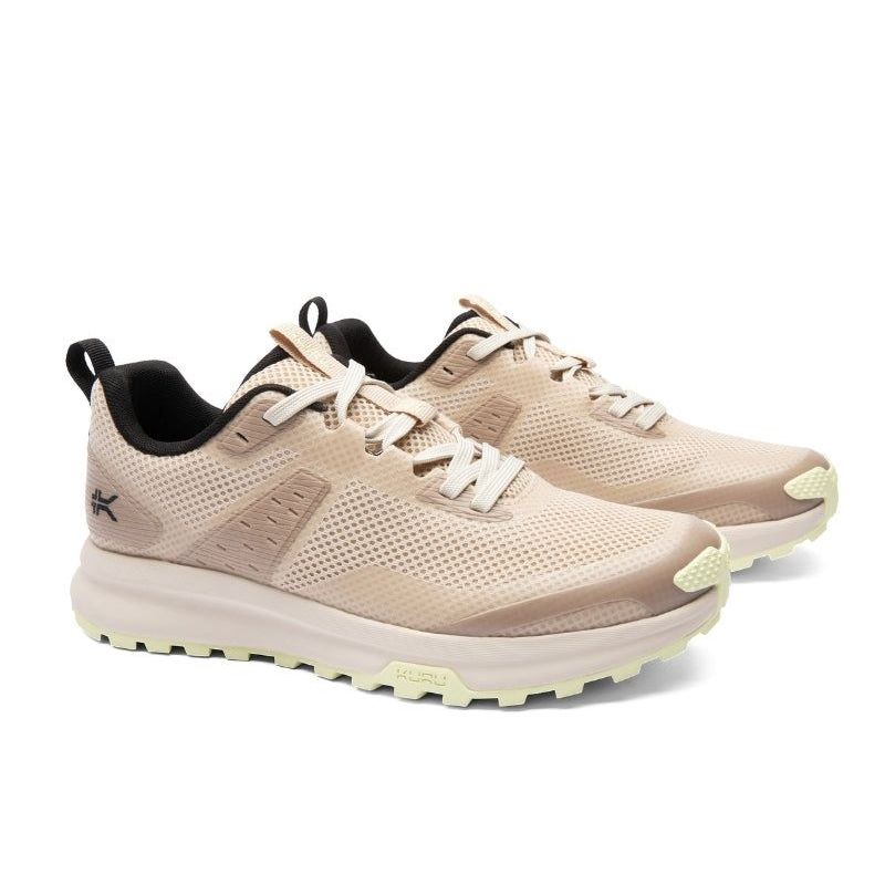 Pair of KURU ATOM Trail Women's Sneaker in Sand-Lime Sorbet, angled view.