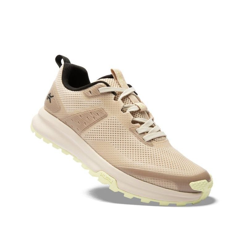 Angled profile view of the KURU ATOM Trail Women's Sneaker in Sand-Lime Sorbet.