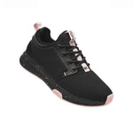 Angled profile view of the KURU ATOM WIDE Women's Sneaker in Jet Black-Misty Lilac.