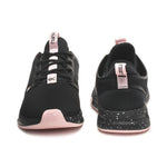 Back heel view of the KURU ATOM WIDE Women's Sneaker in Jet Black-Misty Lilac.