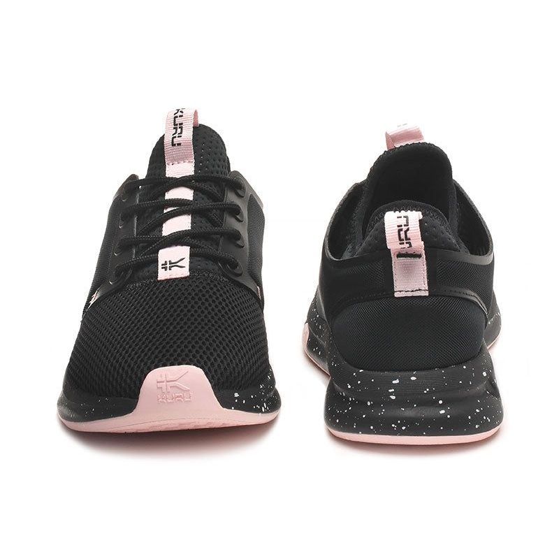 Back heel view of the KURU ATOM WIDE Women's Sneaker in Jet Black-Misty Lilac.