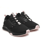 Pair of KURU ATOM WIDE Women's Sneaker in Jet Black-Misty Lilac, angled view.