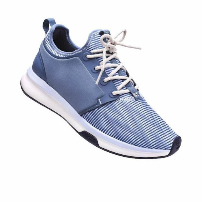 Angled profile view of the KURU ATOM WIDE Women's Sneaker in Mineral Blue-Bone Gray.