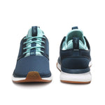 Back heel view of the KURU ATOM WIDE Women's Sneaker in Tidal Wave-White-Oasis Blue.