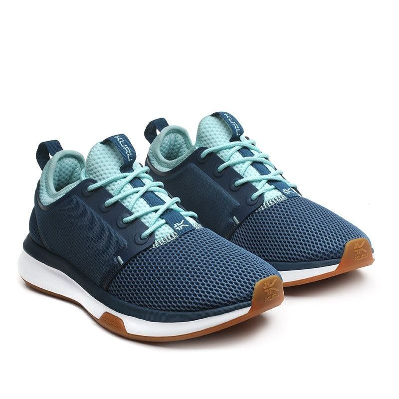 Pair of KURU ATOM WIDE Women's Sneaker in Tidal Wave-White-Oasis Blue, angled view.