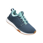 Angled profile view of the KURU ATOM WIDE Women's Sneaker in Tidal Wave-White-Oasis Blue.