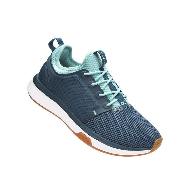 Angled profile view of the KURU ATOM WIDE Women's Sneaker in Tidal Wave-White-Oasis Blue.