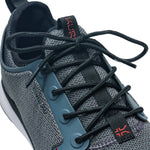 Back heel view of the KURU ATOM Waterproof Men's Sneaker in Blue Haze-Charcoal Gray.