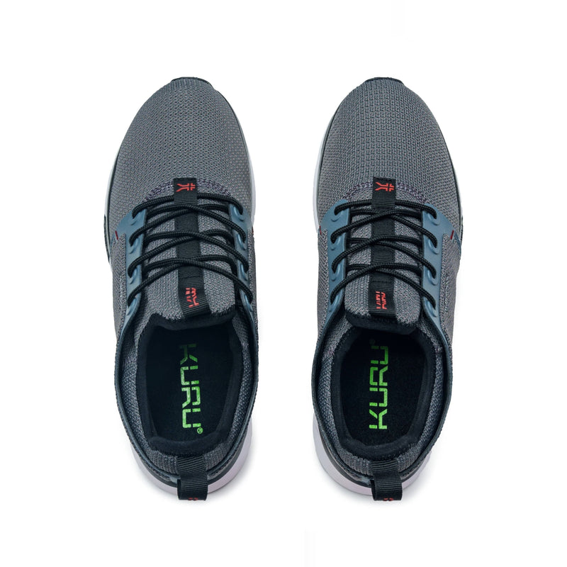 Pair of KURU ATOM Waterproof Men's Sneaker in Blue Haze-Charcoal Gray, angled view.