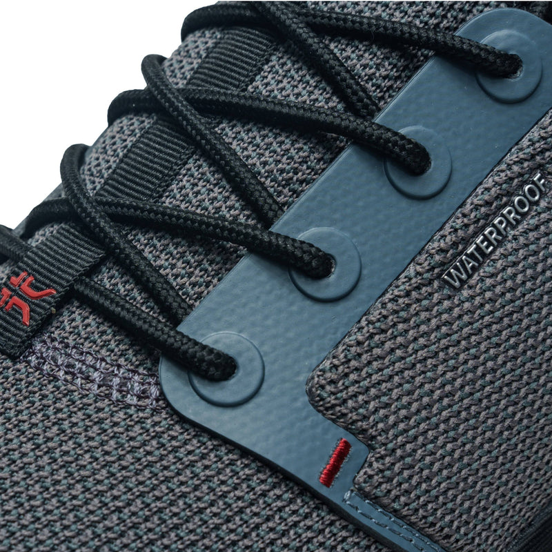 Pair of KURU ATOM Waterproof Men's Sneaker in Blue Haze-Charcoal Gray, angled view.