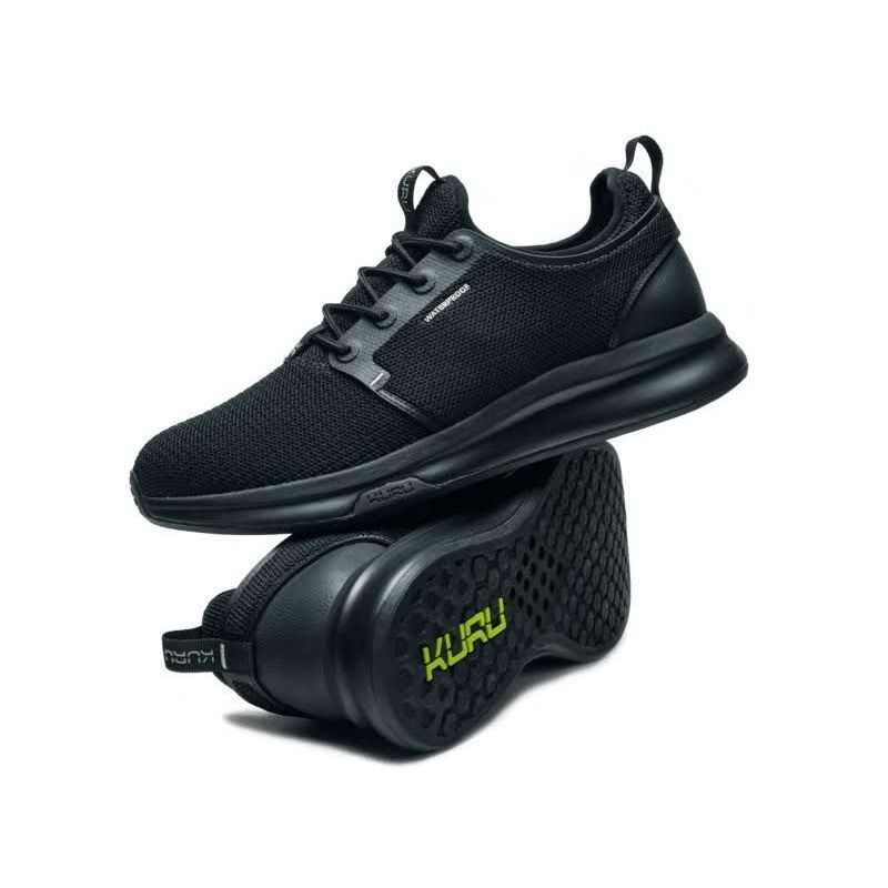 Outsole view of the KURU ATOM Waterproof Women's Sneaker in Jet Black, showing the KURUSOLE tread.