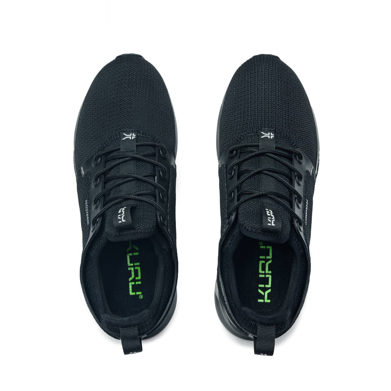 Outsole view of the KURU ATOM Waterproof Men's Sneaker in Jet Black, showing the KURUSOLE tread.