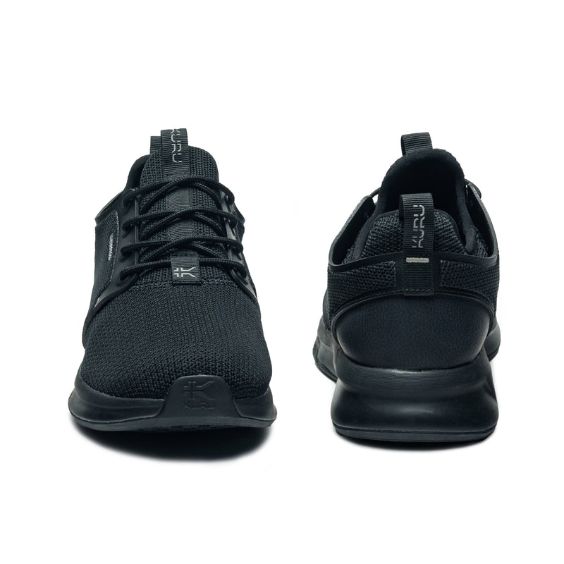 Pair of KURU ATOM Waterproof Men's Sneaker in Jet Black, angled view.