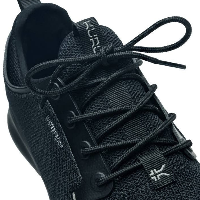 Back heel view of the KURU ATOM Waterproof Women's Sneaker in Jet Black.