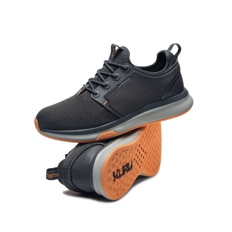 Close-up of the upper material on the KURU ATOM Waterproof Women's Sneaker in Smoke Gray-Apricot.