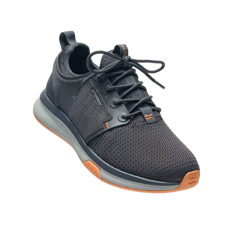 Back heel view of the KURU ATOM Waterproof Women's Sneaker in Smoke Gray-Apricot.