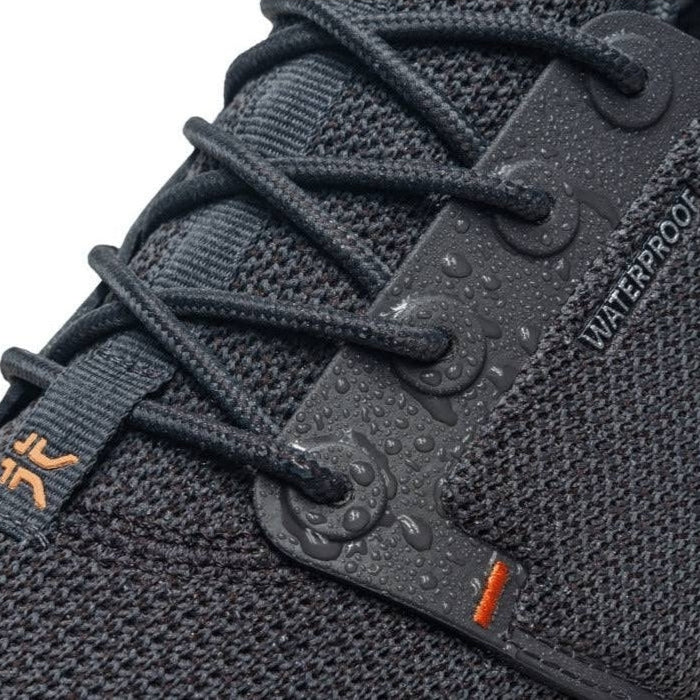 Pair of KURU ATOM Waterproof Women's Sneaker in Smoke Gray-Apricot, angled view.