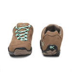 Back heel view of the KURU CHICANE WIDE Women's Sneaker in Warmstone-Jet Black-Mint Green.
