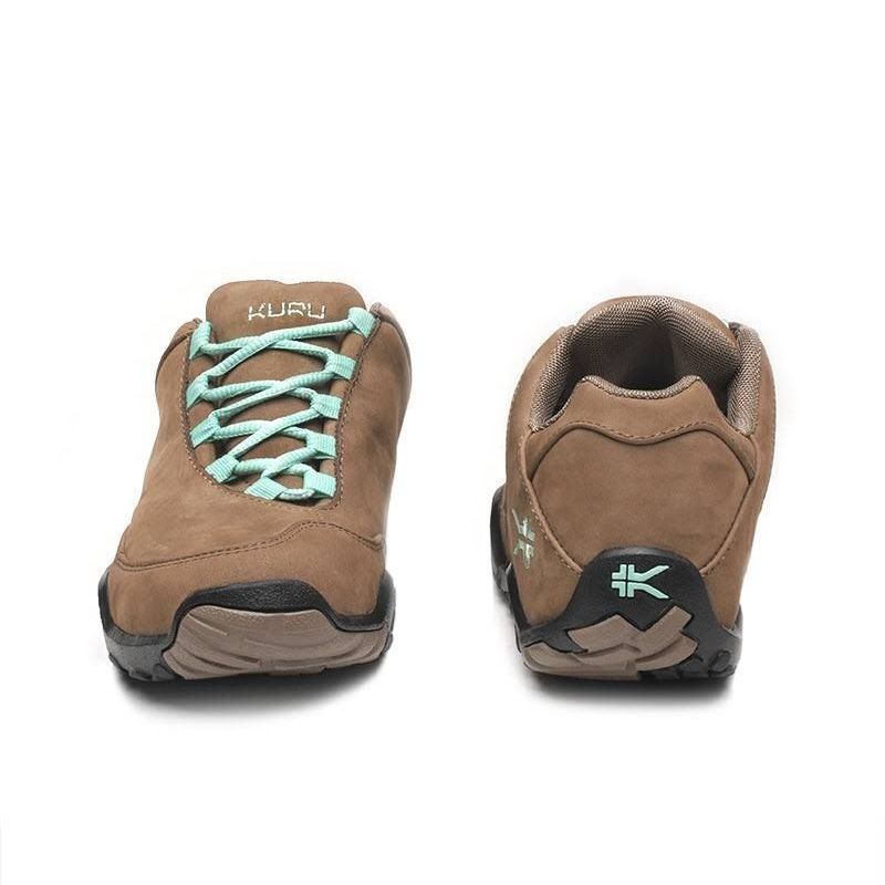 Back heel view of the KURU CHICANE WIDE Women's Sneaker in Warmstone-Jet Black-Mint Green.