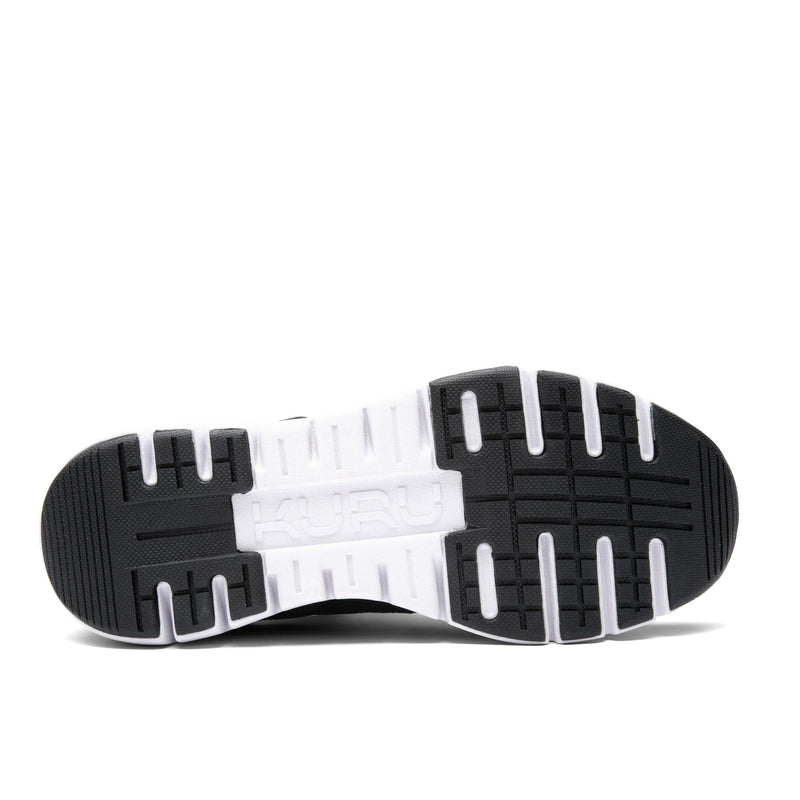 Back heel view of the KURU FLEX Slip-On Men's Sneaker in Jet Black-Bright White.