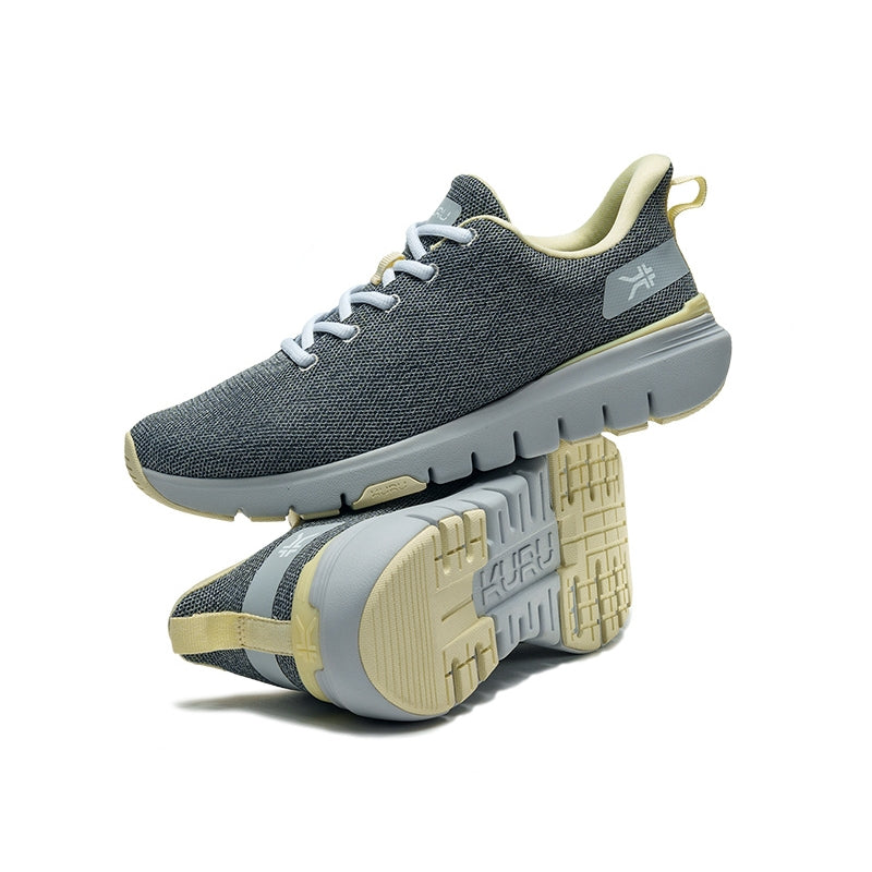 Back heel view of the KURU FLEX Via WIDE Women's Sneaker in Dove Gray-Pale Lime.