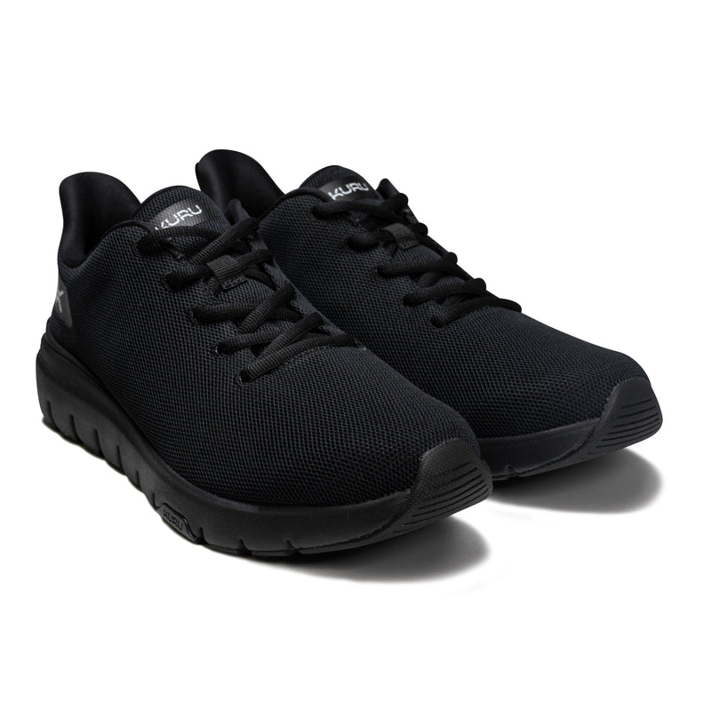 Pair of KURU FLEX Via Men's Sneaker in Jet Black, angled view.
