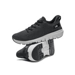 Back heel view of the KURU FLEX Via Women's Sneaker in Jet Black-Bright White.