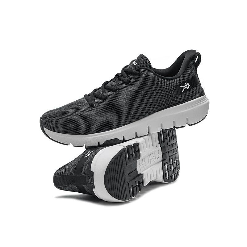 Back heel view of the KURU FLEX Via Women's Sneaker in Jet Black-Bright White.