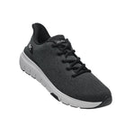 Angled profile view of the KURU FLEX Via Men's Sneaker in Jet Black-Bright White.
