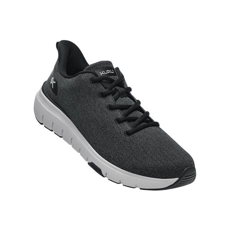 Angled profile view of the KURU FLEX Via Women's Sneaker in Jet Black-Bright White.