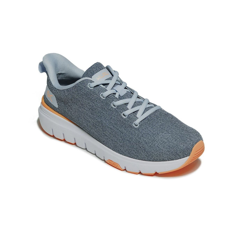Angled profile view of the KURU FLEX Via Women's Sneaker in Mist Blue-Apricot.