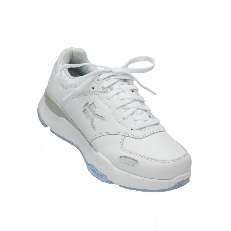 Angled profile view of the KURU KINETIC 2 Women's Sneaker in Bright White-Blue Fog.