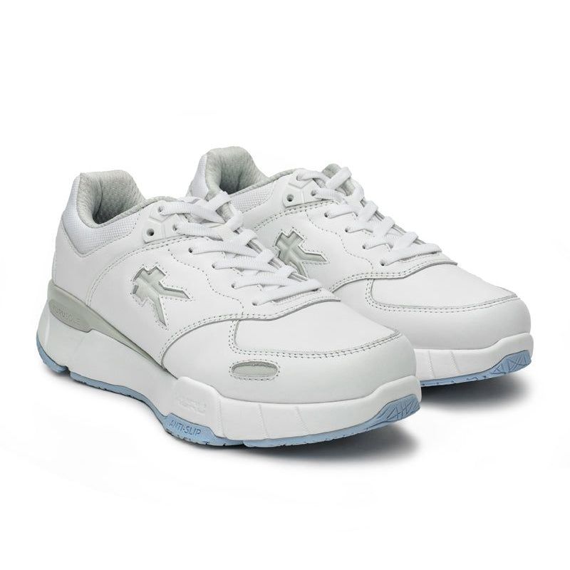 Pair of KURU KINETIC 2 Women's Sneaker in Bright White-Blue Fog, angled view.