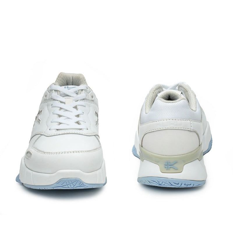 Back heel view of the KURU KINETIC 2 Women's Sneaker in Bright White-Blue Fog.