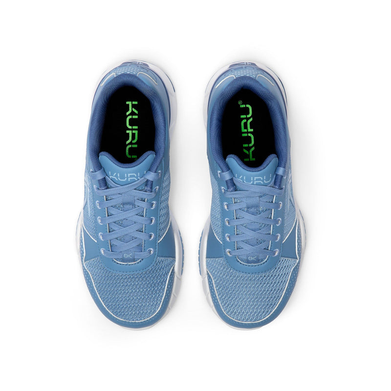 Back heel view of the KURU QUANTUM 2 Women's Sneaker in Blue Fog-Bright White.