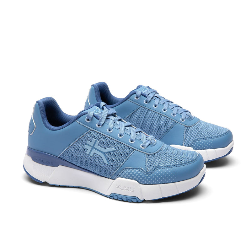 Pair of KURU QUANTUM 2 Women's Sneaker in Blue Fog-Bright White, angled view.