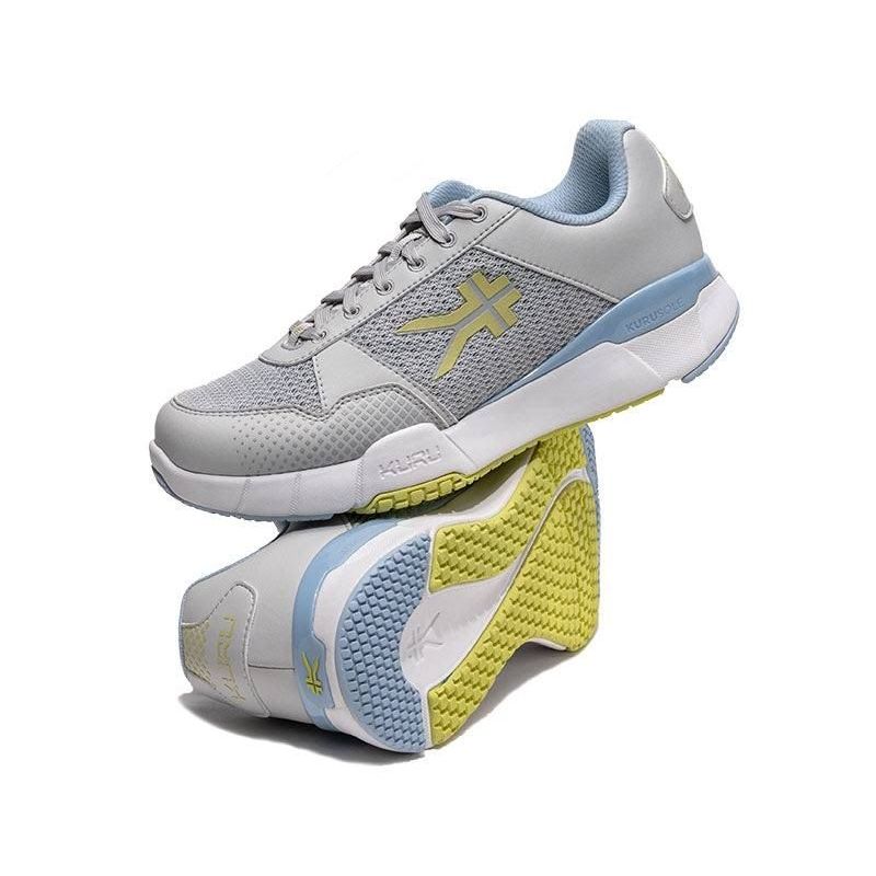 Pair of KURU QUANTUM 2 Women's Sneaker in Dove Gray-Pale Lime, angled view.