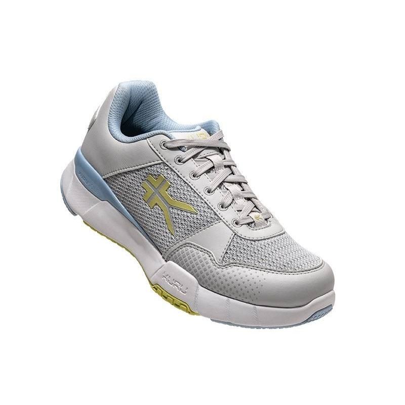 Back heel view of the KURU QUANTUM 2 Women's Sneaker in Dove Gray-Pale Lime.