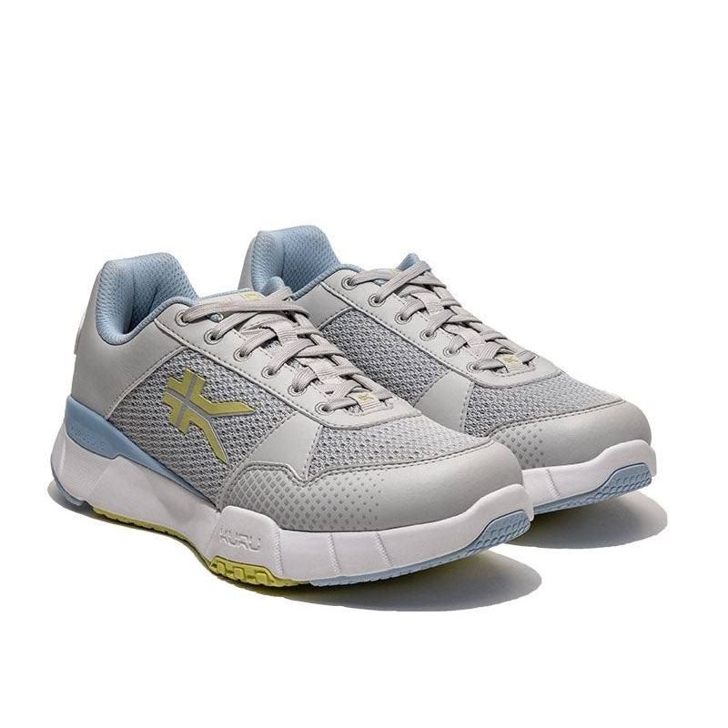 Pair of KURU QUANTUM 2 Women's Sneaker in Dove Gray-Pale Lime, angled view.