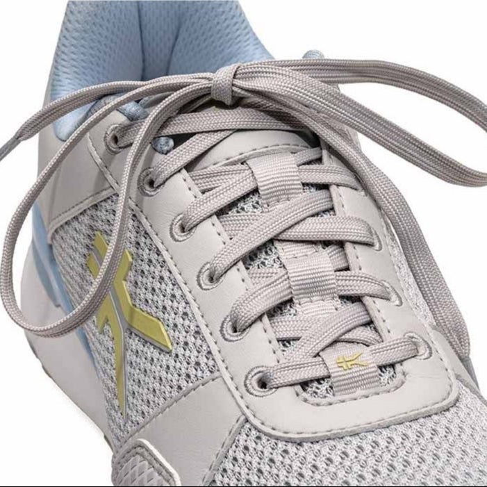 Angled profile view of the KURU QUANTUM 2 Women's Sneaker in Dove Gray-Pale Lime.