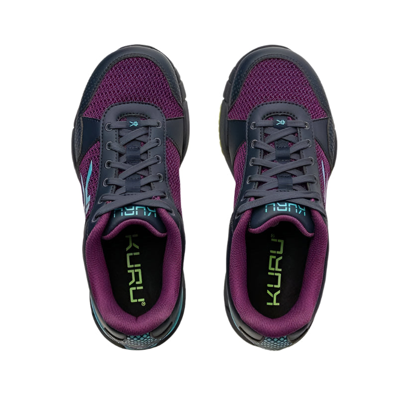 Back heel view of the KURU QUANTUM 2 Women's Sneaker in Electric Grape-Midnight Blue.
