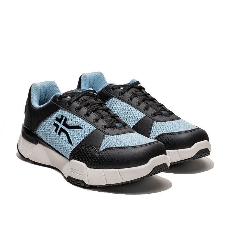 Pair of KURU QUANTUM 2 Women's Sneaker in Jet Black-Misty Blue, angled view.