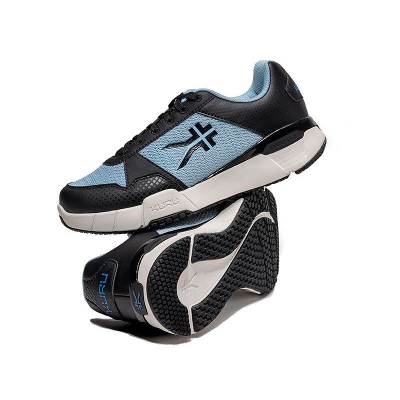 Pair of KURU QUANTUM 2 Women's Sneaker in Jet Black-Misty Blue, angled view.