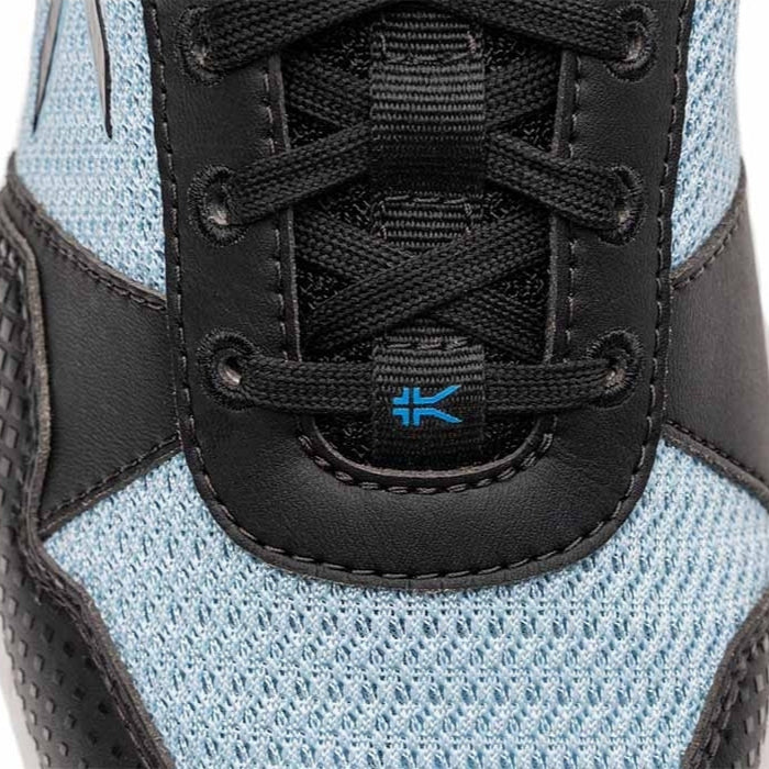 Close-up of the upper material on the KURU QUANTUM 2 Women's Sneaker in Jet Black-Misty Blue.